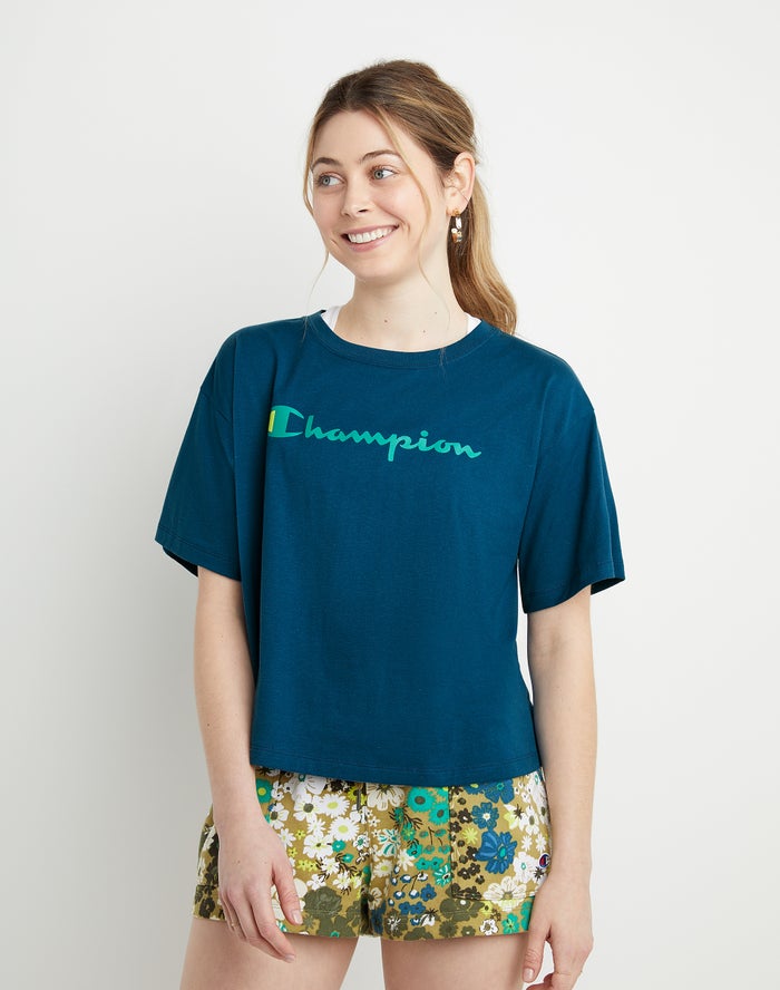 Champion Womens T-Shirt NZ - Cropped Script Logo Blue ( 9037-SFVNE )